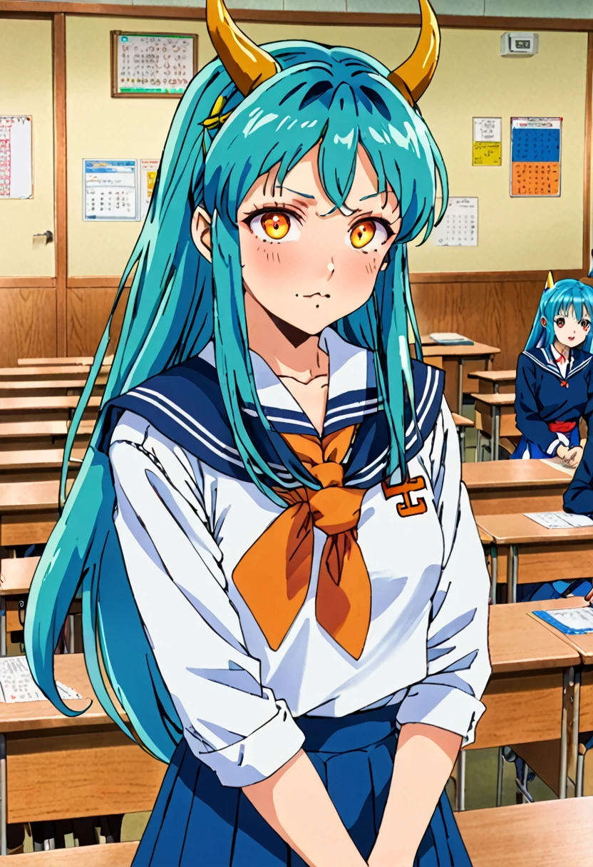 score_9, score_8_up, score_7_up, source_anime,
uruseiyatsuralum, lum, long hair, bangs, blue hair, orange eyes, horns, pointy ears, aqua hair, oni horns, eyeshadow,
shirt, long sleeves, , serafuku, sailor collar, neckerchief, yellow neckerchief, shirt, blue shirt, blue sailor collar, blue skirt,
indoors, classroom, flying,
looking at viewer, cowboy shot, dutch angle,