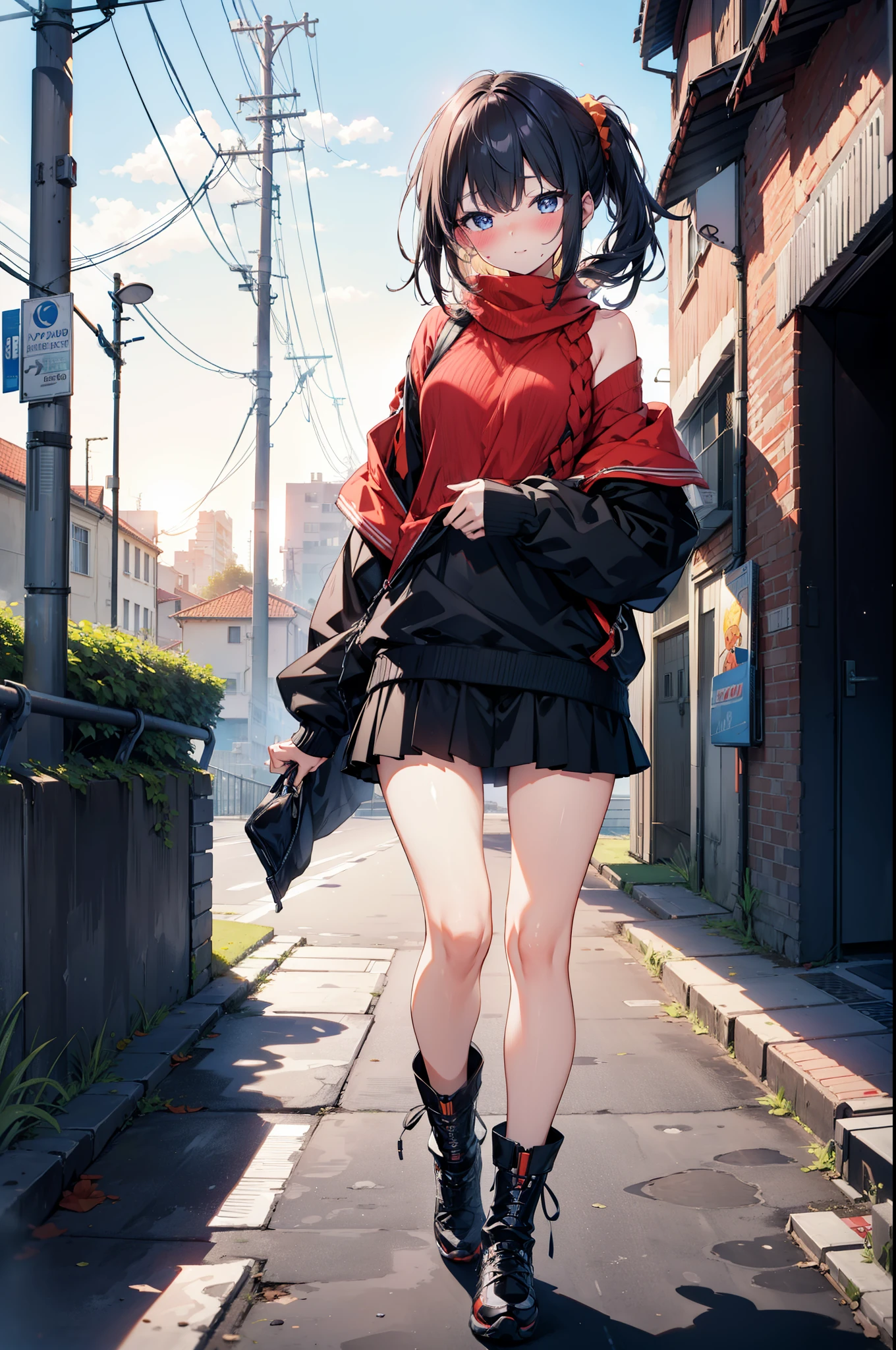 Rikka body, Affluent backstreets, Black Hair, blue eyes, Long Hair, rist scrunchie,happy smile, smile, Open your mouth,blush,Oversized red one-shoulder sweater,mini skirt,short boots,Walking,So that the whole body goes into the illustration,morning,morning陽,The sun is rising,
Destroy outdoors, Building district,
壊す looking at viewer, Systemic
break (masterpiece:1.2), Highest quality, High resolution, unity 8k wallpaper, (figure:0.8), (Beautiful attention to detail:1.6), Highly detailed face, Perfect lighting, Highly detailed CG, (Perfect hands, Perfect ???????),