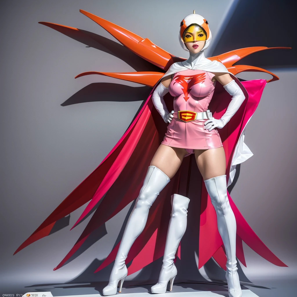 ANI_CLASSIC_jun_gatchaman_ownwaifu,1girl, 15yo,good anatomy, masterpiece, best quality,realistic, hyper realistic, 16k hdr, long hair,breasts,lips,large breasts,lipstick,makeup,gloves,cape,helmet,belt,elbow gloves,white gloves,mask,ultra miniskirt,leotard,spacesuit,white tight overknee highheels boots,pink dress,superhero,bodysuit,cleavage,erected nipples,(stand pose,hands on hip),(spread legs:1.1),cameltoe