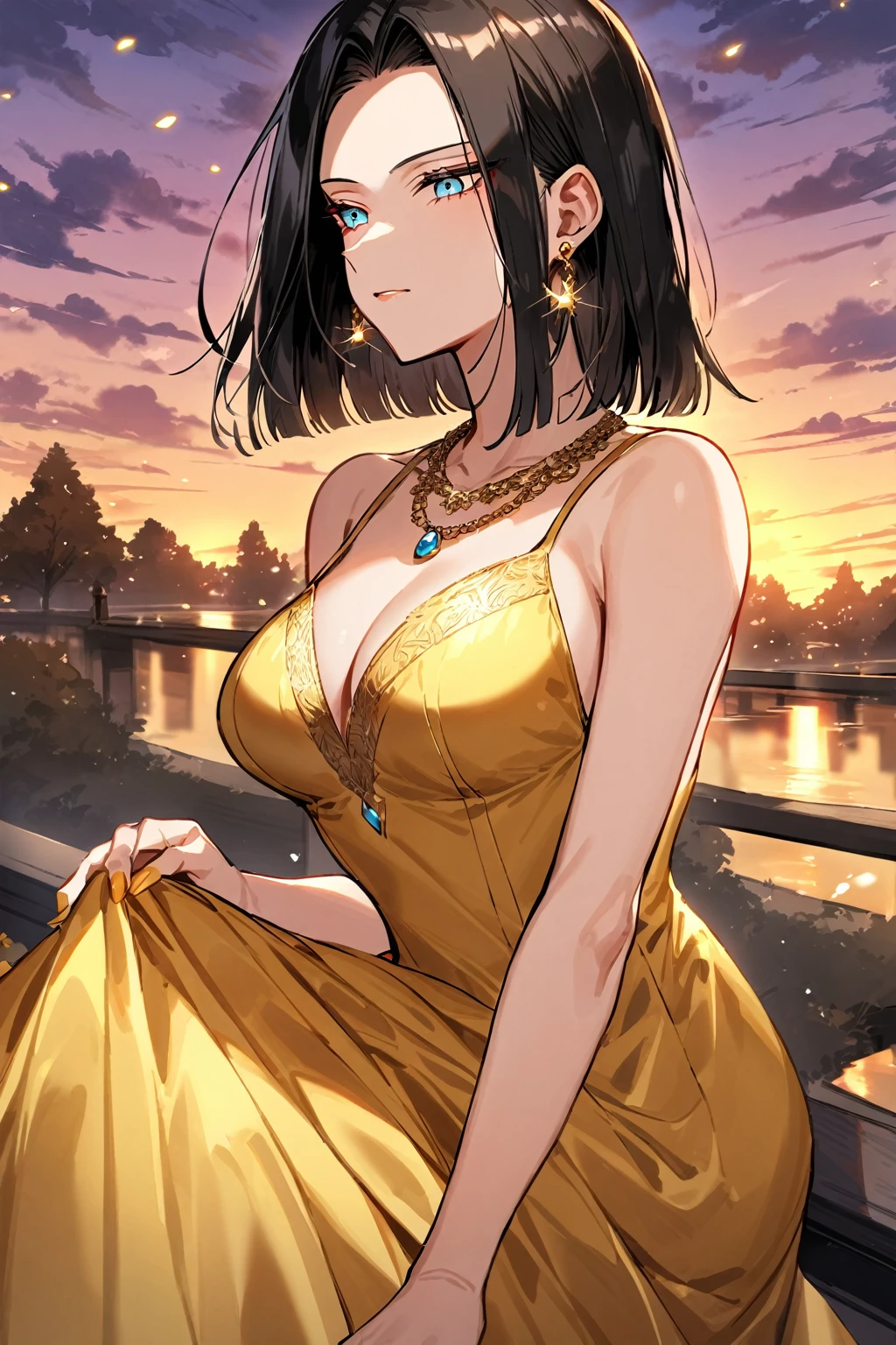 Android 17, e Cup sized breasts, golden evening dress, earrings, necklace