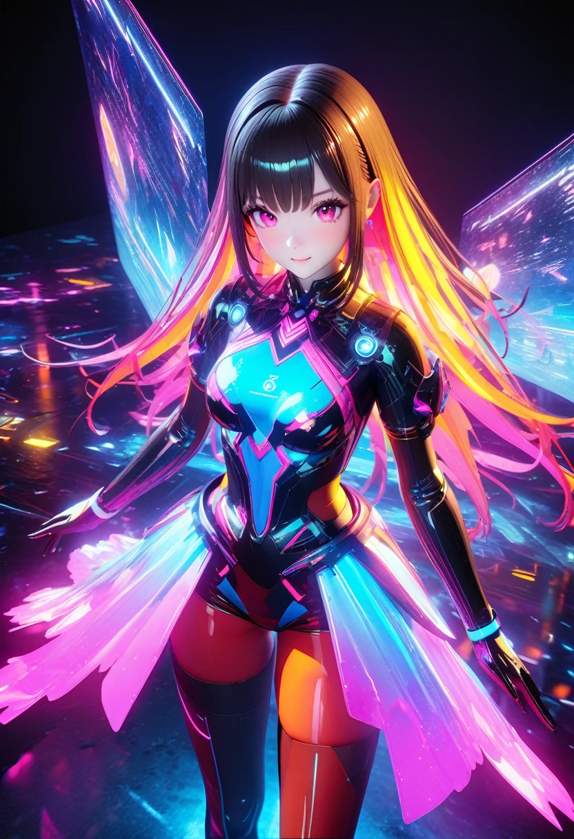 holography, Draw in neon colors:1 Girl:future, transparent, 3D, Light, sf, Digital art, Digital, scientific, Dark Background: electronic circuit: Draw in neon colors, 3d, masterpiece, Digital space, energy, beautiful, masterpiece, 8K, Light, Familiar, Vibrant, colorful, Nice, beautiful, Rich colors, beautiful Light Lines. Magical Effects, Sparkling, beautiful Light Grains