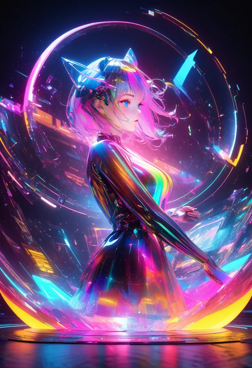 holography, Draw in neon colors:1 Girl:future, transparent, 3D, Light, sf, Digital art, Digital, scientific, Dark Background: electronic circuit: Draw in neon colors, 3d, masterpiece, Digital space, energy, beautiful, masterpiece, 8K, Light, Familiar, Vibrant, colorful, Nice, beautiful, Rich colors, beautiful Light Lines. Magical Effects, Sparkling, beautiful Light Grains