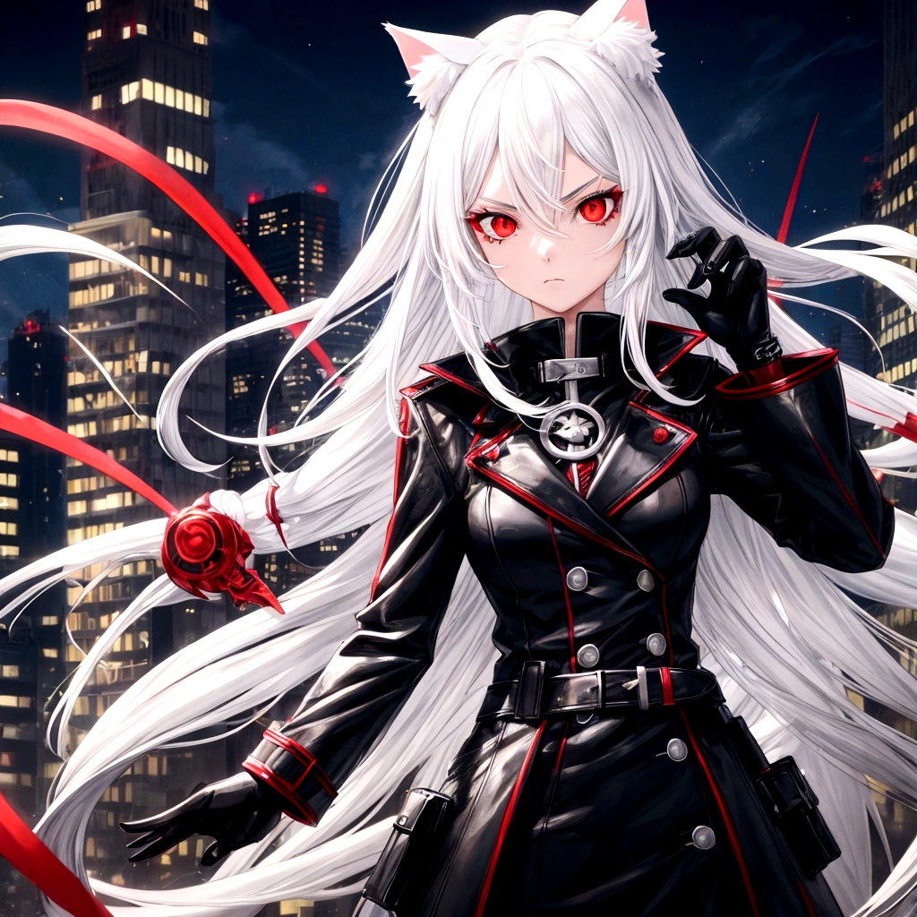 1 girl, beautiful, cool, intimidation, long hair, white hair, cat ear, red eye, black jacket, black gloves, city, anime