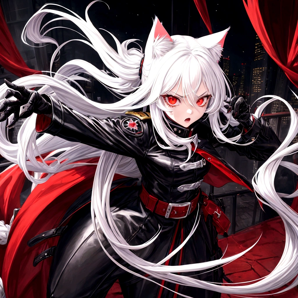 1 girl, beautiful, cool, intimidation, long hair, white hair, cat ear, red eye, black jacket, black gloves, city, anime