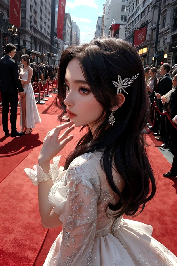 1 woman, 1 man, ideal , dress, Red carpet background, couple, Instagram Filter,