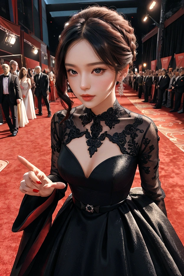 1 woman, 1 man, ideal , dress, Red carpet background, couple, Instagram Filter,