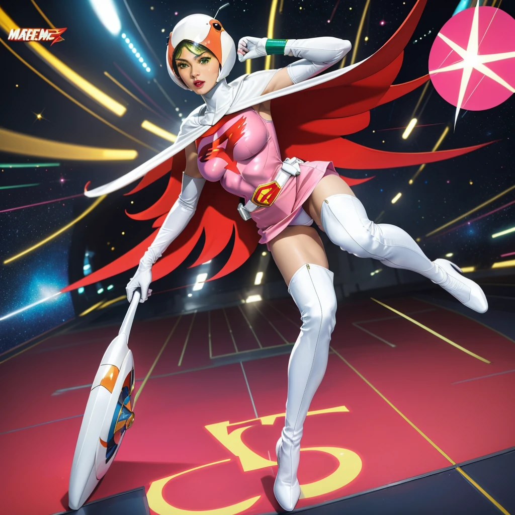 ANI_CLASSIC_jun_gatchaman_ownwaifu,1girl, ,good anatomy, masterpiece, best quality,realistic, hyperrealistic, 16k hdr, long hair,breasts,green eyes,lips,large breasts,lipstick,makeup,gloves,cape,helmet,belt,elbow gloves,white gloves,mask,ultra miniskirt,leotard,spacesuit,white tight overknee highheels boots,pink dress,superhero,bodysuit,cleavage,erected nipples,(sexy pose,front view),(spread legs:1.1),cameltoe