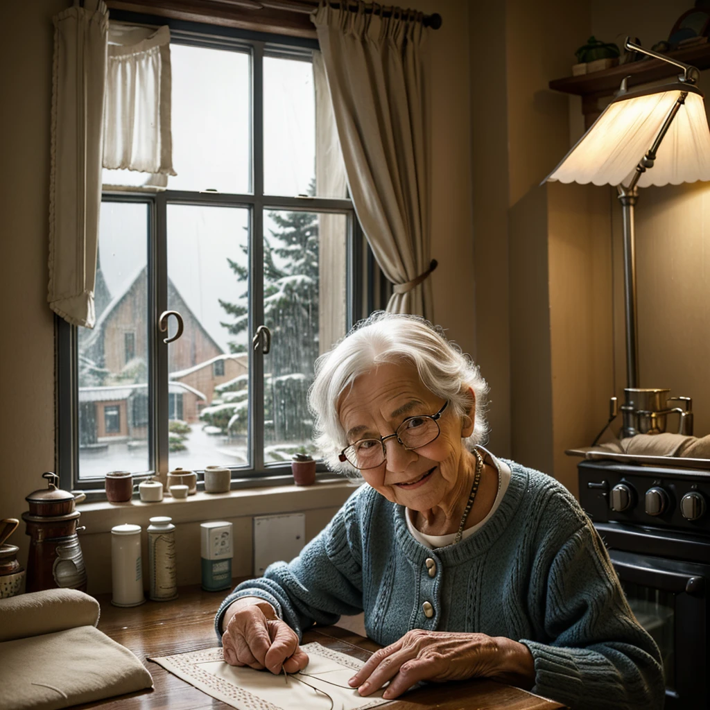 Elderly woman doing sewing in winter, only with the light of a lamp, next to the stove, with glasses, tired but happy face. You see the rain through the window.
