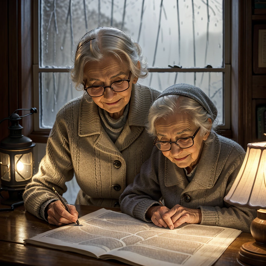 Elderly woman doing sewing in winter, only with the light of a lamp, next to the stove, with glasses, tired but happy face. You see the rain through the window.