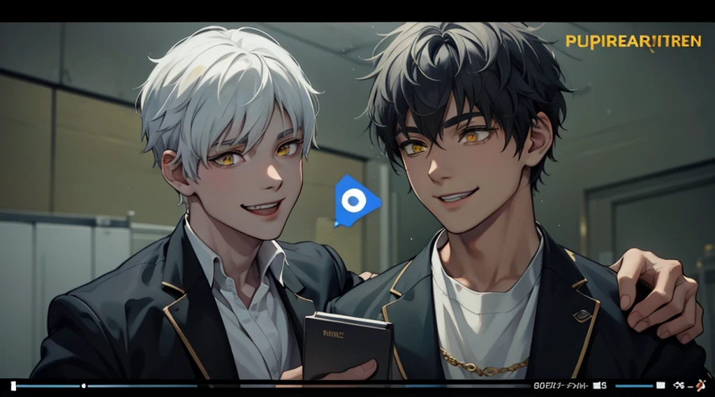 White hair, yellow eyes, black tunic, he is talking, smiling maliciously, they are 18 years old.