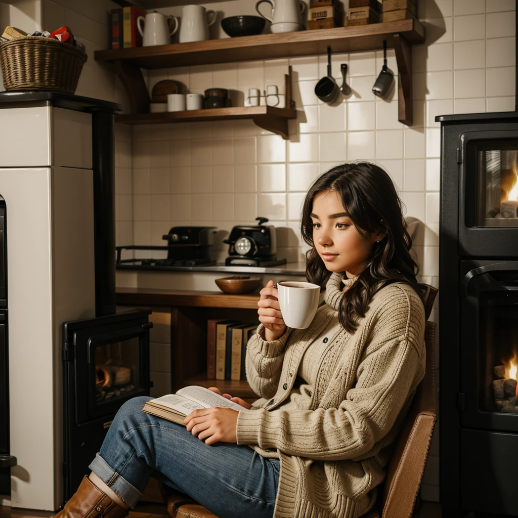 Young woman reading a book in winter sitting next to the stove with a cup of coffee, She is 30 years old and Chilean 