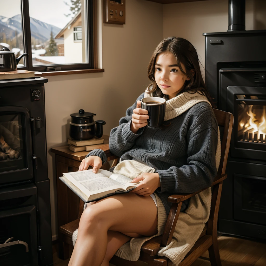Young woman reading a book in winter sitting next to the stove with a cup of coffee, She is 30 years old and Chilean 