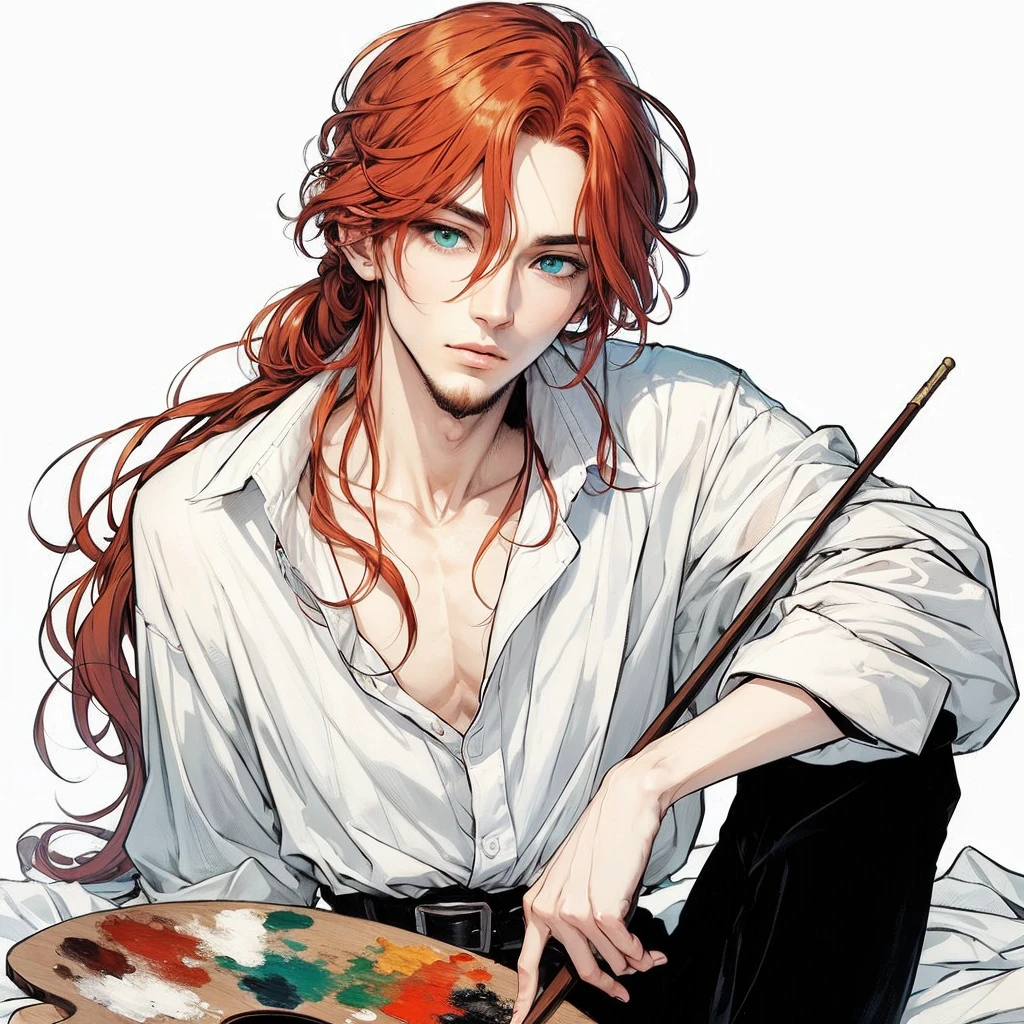 I want a manhwa style full body image of a 19th century painter man, he must have long red hair and aqua green eyes. your style is sensual and beautiful with the white shirt slightly open. quero uma imagem full body
