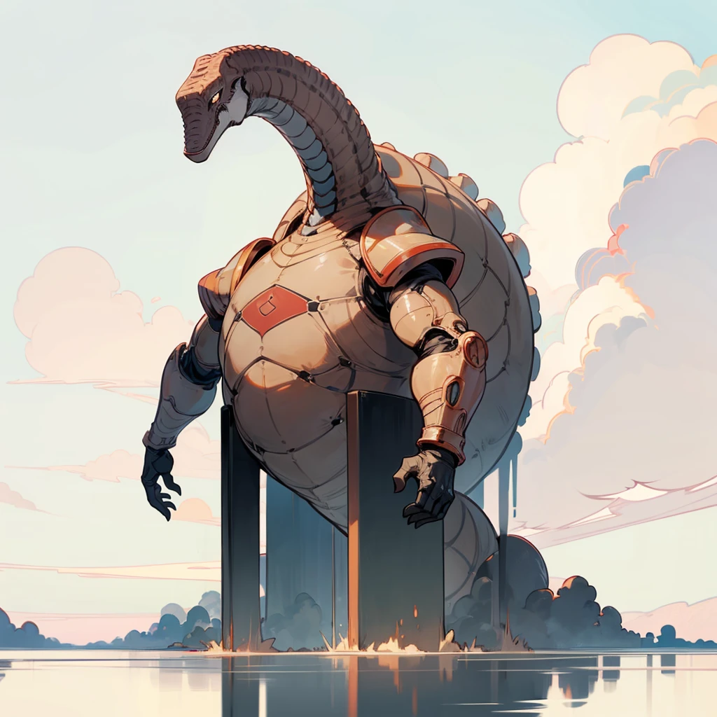 (Random Evolution), (Colossal titans mixed with Brontosaurus), armor Titan, full body version, red and blue color skins, (his body stands straight), (tall), (full black eyes), Grassroots, no background, (clouds)