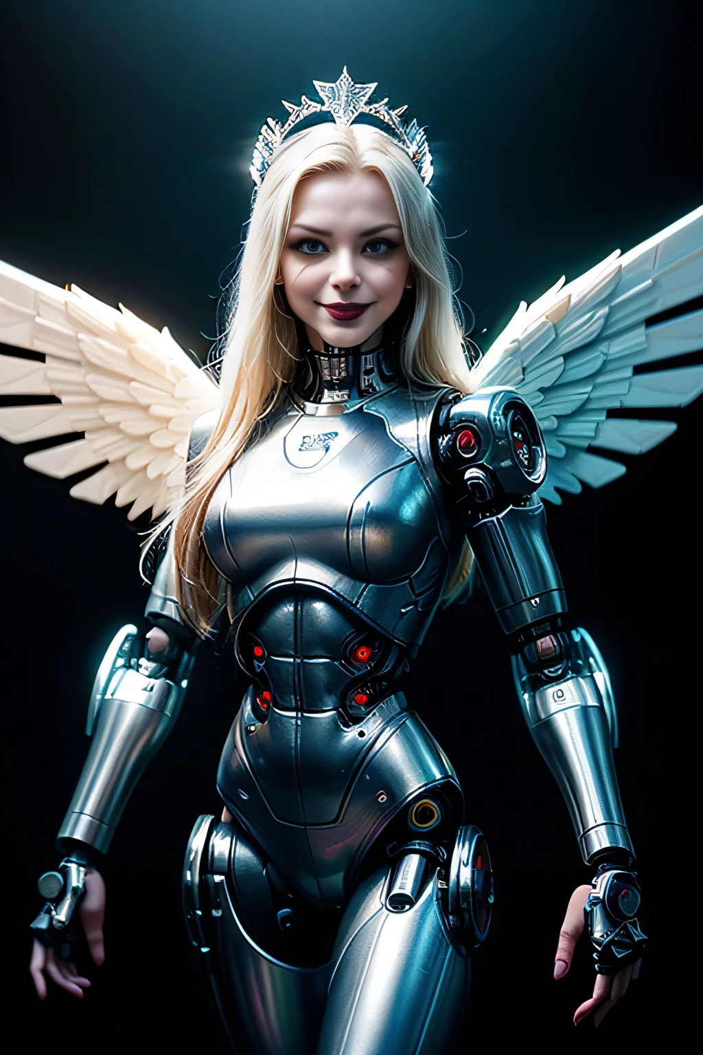 (masterpiece, photorealistic:1.4, extremely intricate:1.3, radiosity, photon mapping, dtx, 8K), ((((solo, 1girl) athletic assassin, (albino, albino, smirking, black lipstick, (mechanical arm, cyborg, machine metal angel wings)), black chrome tiara), makeup:1.0)), dark room, dark background, black background, solo,
