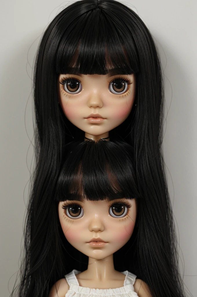 create a blythedoll with slanted eyes, fringe over the eyebrows, straight black shoulder length hair, dark eyes