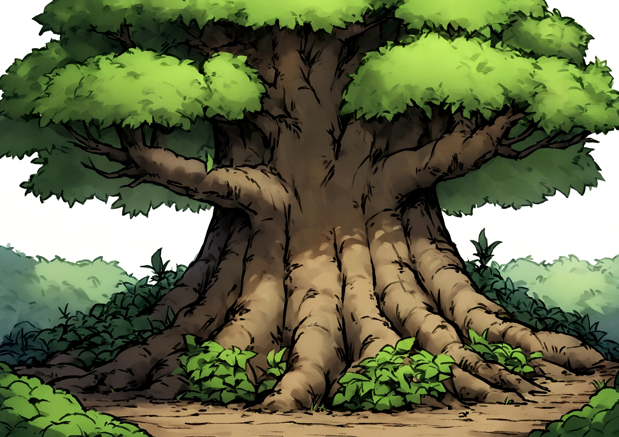 create a background for a fantasy medieval game in the center is a tree in a forest filled with bushes and plants the front is flat ground with dirt make sure there's no white background and make it eye level make the tree is highly detailed as well as add medium distance between us and the tree make the main center tree have mmanyt skinny branches popping out