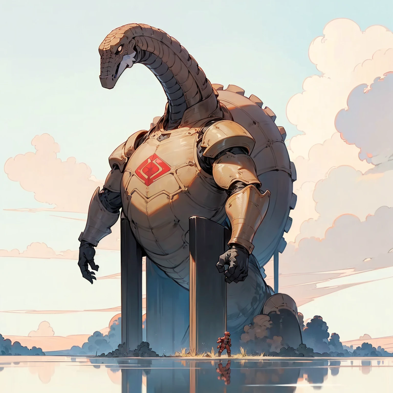 (Random Evolution), (Colossal titans mixed with Brontosaurus), armor Titan, full body version, red and blue color skins, (his body stands straight), (tall), (full black eyes), Grassroots, no background, (clouds)