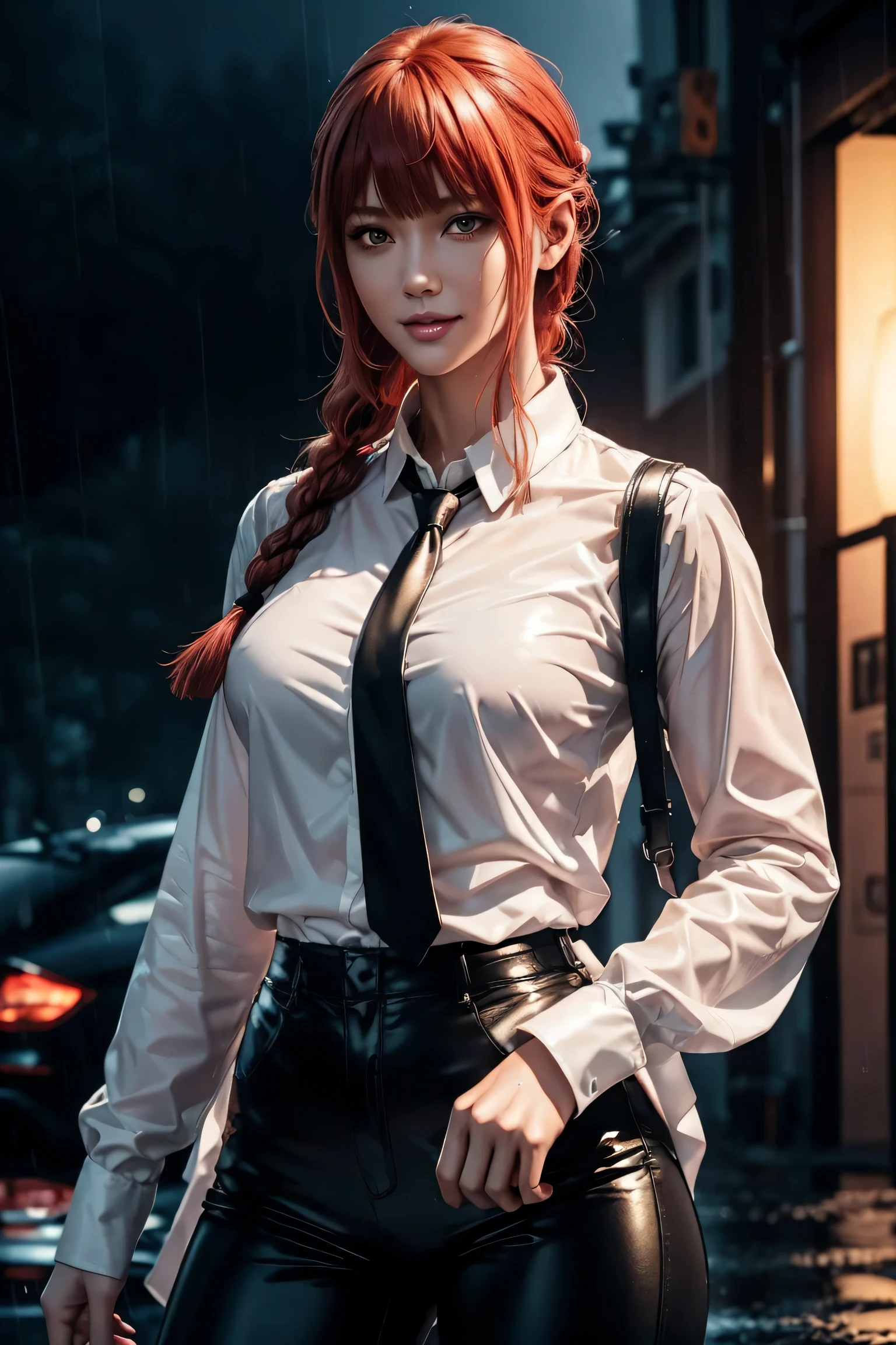 Chainsaw Man,Makima,With bangs,Red Hair,Braids at the back,Golden Eyes,White long sleeve shirt,Black tie,Black Leather Pants,Ultra HD,super high quality,masterpiece,Digital SLR,Photorealistic,Detailed details,Vivid details,Depicted in detail,A detailed face,Detailed details,Super Detail,Realistic skin texture,Anatomical basis,Perfect Anatomy,Anatomically correct hand,Anatomically correct fingers,Complex 3D rendering,Sexy pose,Rainy Sky,Beautiful scenery,Fantastic rainy sky,Picturesque,Pink Lips,smile,