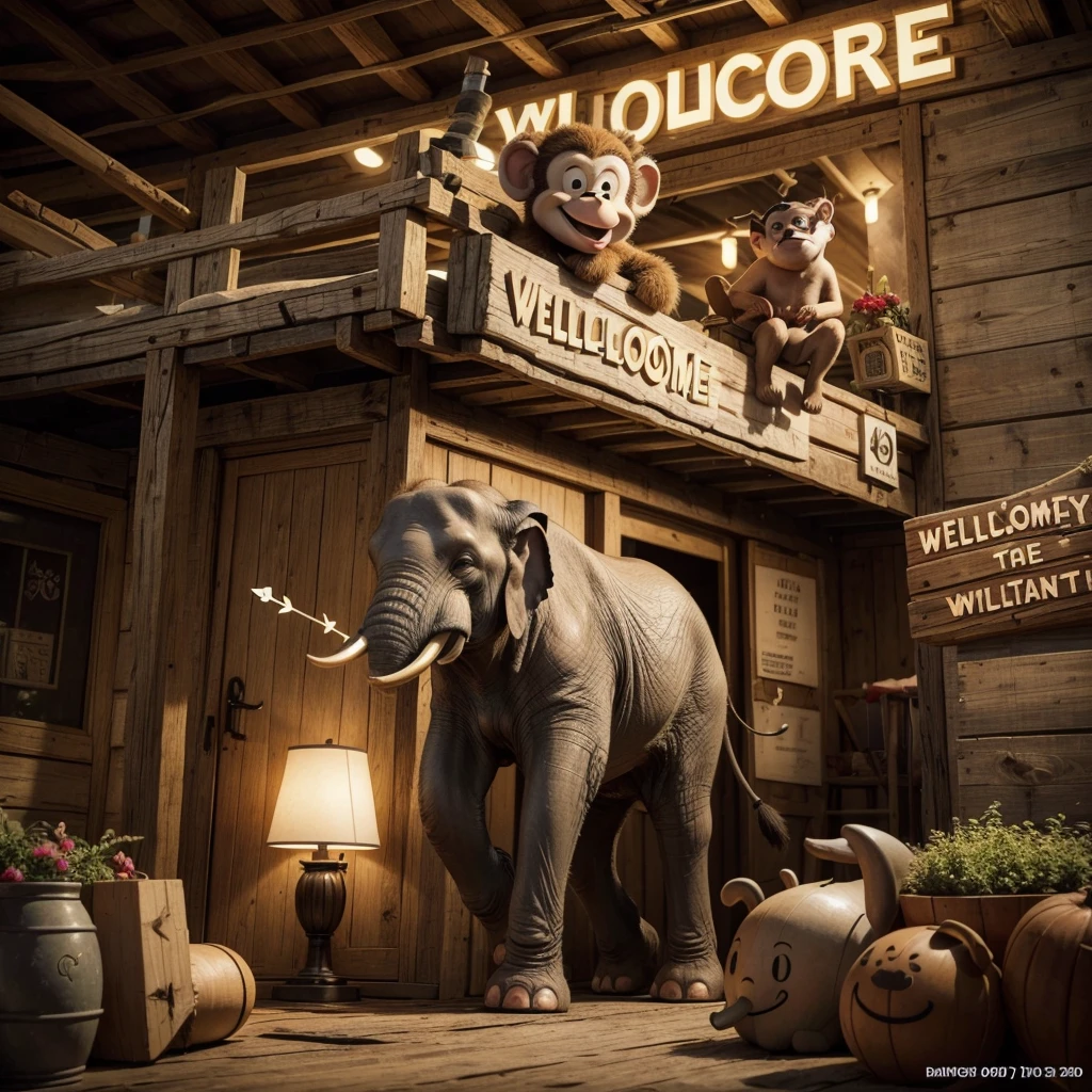 a wooden sign with three arrows, a smiling cartoon elephant below, a playful cartoon monkey above, an arrow pointing left with "Welcome" text, a middle arrow pointing right with "To Safari" text, an arrow pointing left with "of Heitor" text, 3d, highly detailed, intricate, photorealistic, hyperrealistic, studio lighting, extreme detail, vibrant colors, dynamic composition, whimsical, cartoon, fantasy, playful
Resolution 1024 x 1024