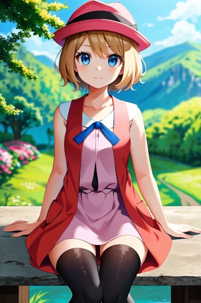 masterpiece, best quality, highres, serena \(pokemon\), short hair, blue eyes, 1girl, solo, blue ribbon, eyelashes, black thighhighs, neck ribbon, sleeveless, bangs, collarbone, bare arms, pink dress, red coat, pink headwear, outdoors, sitting, peace_sign,(masterpiece, highest quality:1.2), alone, One girl, ogawa sumireko, ((Brown eyes,Beautiful eyes)), Put your hair, Thick body,Long sleeve,bedroom,Dimly lit room,(Breasts pressed together:1.1), v Arms,Embarrassing,smile, blush, CSR Style Texture, (huge breast),full bust,(Narrow waist:1.6),(Thin belly),(slender),((Clothed Big Tits)),((Skinny Body)) roupa de ginástica branca, de baixo, por baixo