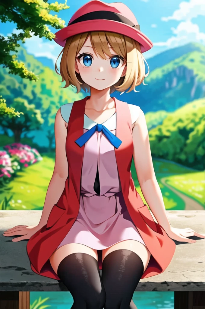 masterpiece, best quality, highres, serena \(pokemon\), short hair, blue eyes, 1girl, solo, blue ribbon, eyelashes, black thighhighs, neck ribbon, sleeveless, bangs, collarbone, bare arms, pink dress, red coat, pink headwear, outdoors, sitting, peace_sign,(masterpiece, highest quality:1.2), alone, One girl, ogawa sumireko, ((Brown eyes,Beautiful eyes)), Put your hair, Thick body,Long sleeve,bedroom,Dimly lit room,(Breasts pressed together:1.1), v Arms,Embarrassing,smile, blush, CSR Style Texture,  (huge breast),full bust,(Narrow waist:1.6),(Thin belly),(slender),((Clothed Big Tits)),((Skinny Body)) roupa de ginástica branca, de baixo, por baixo 