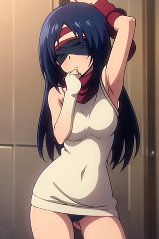 tennis girl in tight mini virgin killer sweater, loose panty stretched from lower legs, wearing oven mittens behind head, blindfold