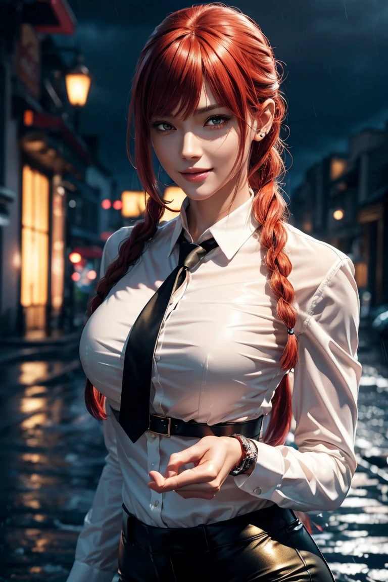 Chainsaw Man,Makima,With bangs,Red Hair,Braids at the back,Golden Eyes,White long sleeve shirt,Black tie,Black Leather Pants,Ultra HD,super high quality,masterpiece,Digital SLR,Photorealistic,Detailed details,Vivid details,Depicted in detail,A detailed face,Detailed details,Super Detail,Realistic skin texture,Anatomical basis,Perfect Anatomy,Anatomically correct hand,Anatomically correct fingers,Complex 3D rendering,Sexy pose,Rainy Sky,Beautiful scenery,Fantastic rainy sky,Picturesque,Pink Lips,smile,