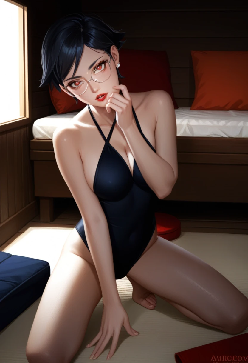 score_9_up, score_8_up, score_7_up, 1girl, solo, mature female, Sarada, looking at viewer, black short hair, red eyes, red lips, parted lips, glasses, black seductive swimsuit, fit slim body, perfect small erected breast,((yacht cabin)), night time, rolled eyes, kneeling with spread legs, doing perfect blowjob 