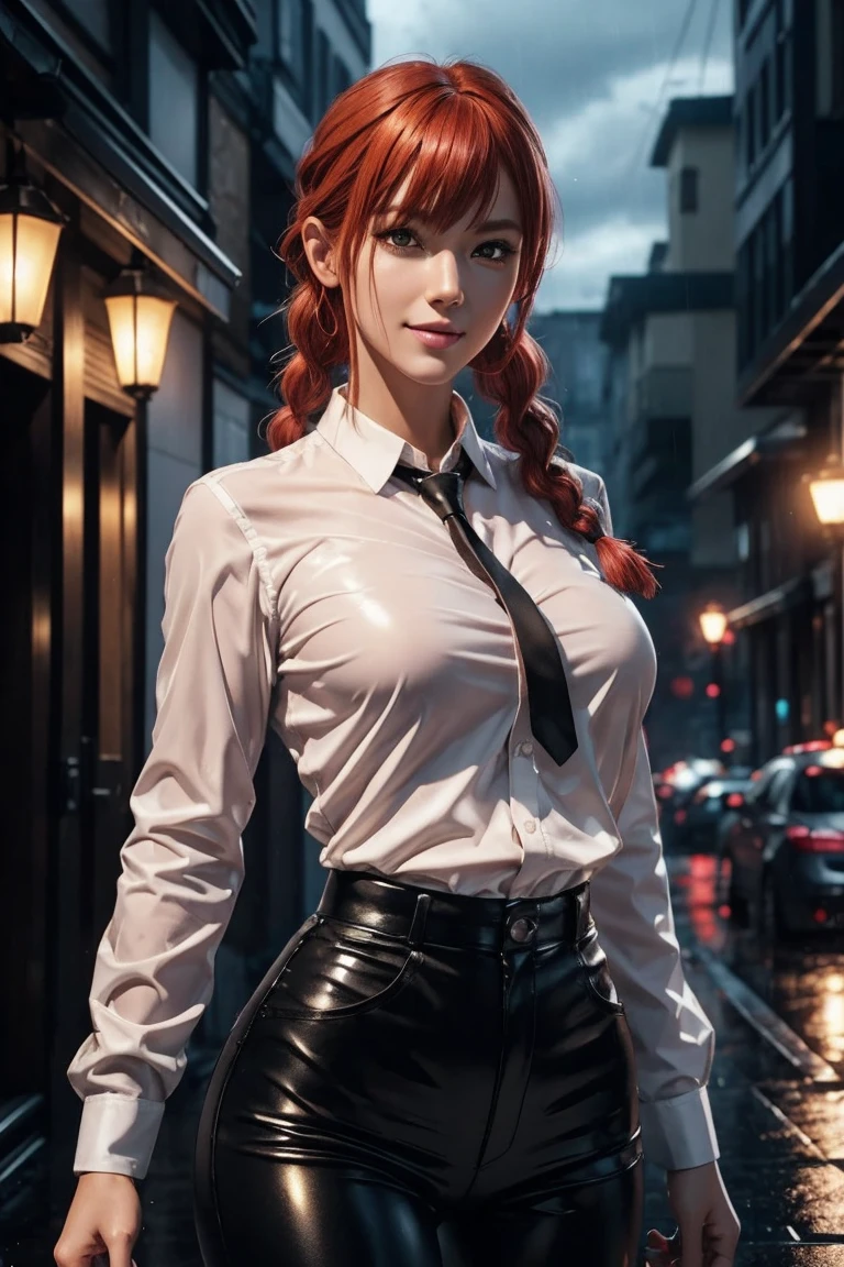 Chainsaw Man,Makima,With bangs,Red Hair,Braids at the back,Golden Eyes,White long sleeve shirt,Black tie,Black Leather Pants,Ultra HD,super high quality,masterpiece,Digital SLR,Photorealistic,Detailed details,Vivid details,Depicted in detail,A detailed face,Detailed details,Super Detail,Realistic skin texture,Anatomical basis,Perfect Anatomy,Anatomically correct hand,Anatomically correct fingers,Complex 3D rendering,Sexy pose,Rainy Sky,Beautiful scenery,Fantastic rainy sky,Picturesque,Pink Lips,smile,