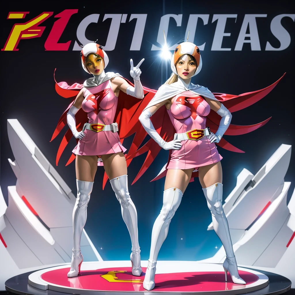 ANI_CLASSIC_jun_gatchaman_ownwaifu,1girl, 15yo,good anatomy, masterpiece, best quality,realistic, hyper realistic, 16k hdr, long hair,breasts,lips,large breasts,lipstick,makeup,gloves,cape,helmet,belt,elbow gloves,white gloves,mask,ultra miniskirt,leotard,spacesuit,white tight overknee highheels boots,pink dress,superhero,bodysuit,cleavage,erected nipples,(stand pose,hands on hip),(spread legs:1.1),cameltoe