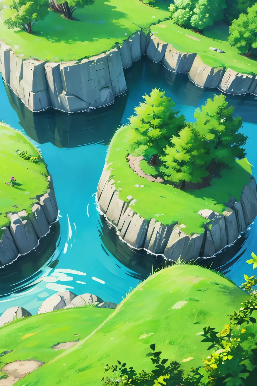 Green lawn, trees and rocks in the background. 2d animation style, anime style anime scenery, top perspective, top view