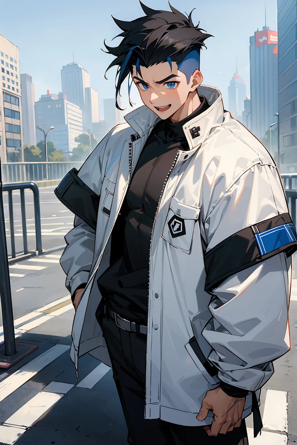 1male , Black Hair , Happy expression , muscular , baggy white jacket , blue eyes , modern city background , standing on sidewalk , modern undercut hair , messy hair , Happy Expression