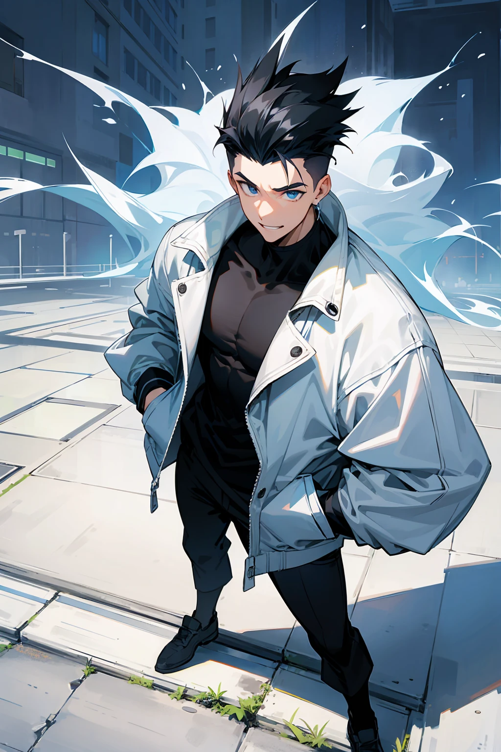 1male , Black Hair , Happy expression , muscular , baggy white jacket , blue eyes , modern city background , standing on sidewalk , modern undercut hair , messy hair , Happy Expression