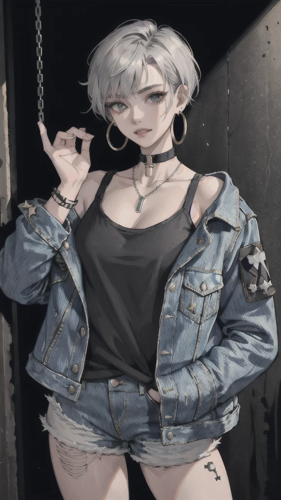 (masterpiece:1.2, best quality), (1lady, solo, upper body:1.2), Hair: buzz cut, Clothing: oversized, distressed denim jacket with patches and pins, paired with black skinny jeans and combat boots, Accessories: silver hoop earrings and a black choker necklace, Hanging out in an underground music venue or street art exhibit