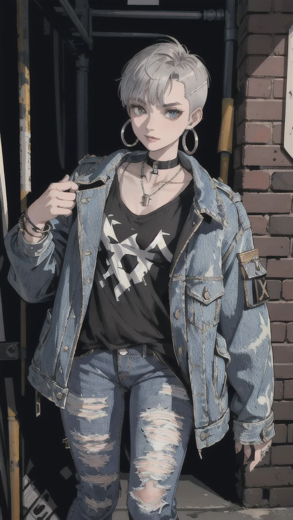 (masterpiece:1.2, best quality), (1lady, solo, upper body:1.2), Hair: buzz cut, Clothing: oversized, distressed denim jacket with patches and pins, paired with black skinny jeans and combat boots, Accessories: silver hoop earrings and a black choker necklace, Hanging out in an underground music venue or street art exhibit