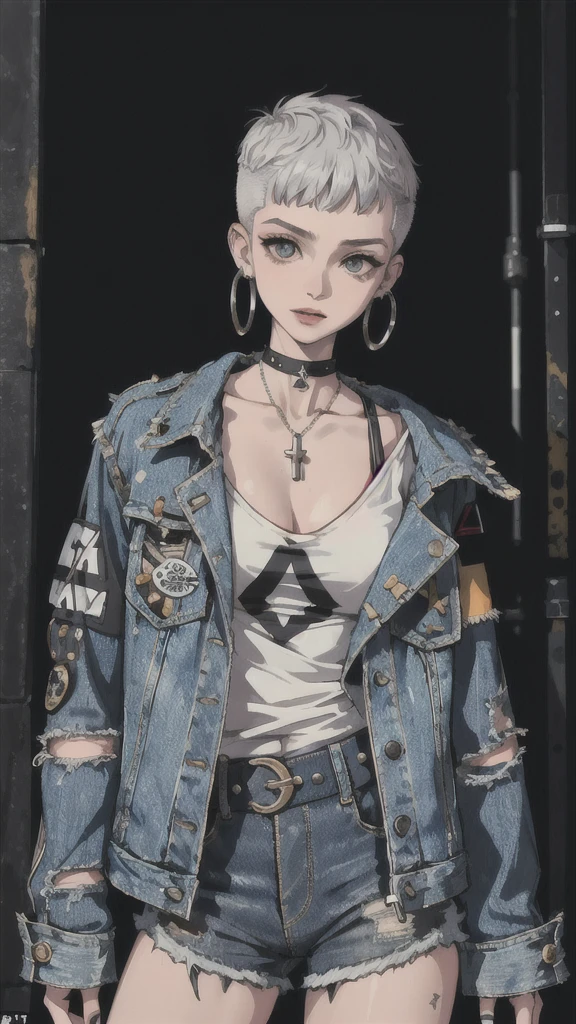 (masterpiece:1.2, best quality), (1lady, solo, upper body:1.2), Hair: buzz cut, Clothing: oversized, distressed denim jacket with patches and pins, paired with black skinny jeans and combat boots, Accessories: silver hoop earrings and a black choker necklace, Hanging out in an underground music venue or street art exhibit