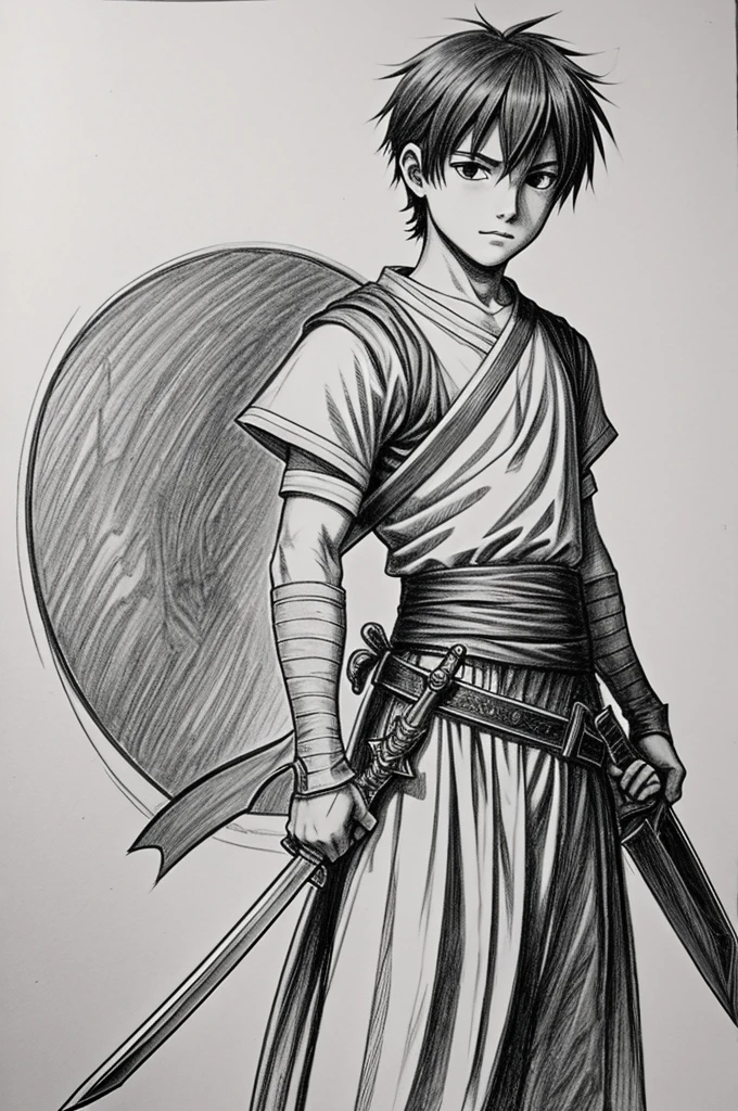 Anime a boy posing with a sword disinterested monochrome just a kind of sketch for drawing