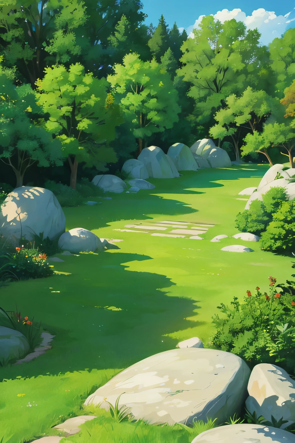 Green lawn, trees and rocks in the background. 2d animation style, anime style anime scenery, top perspective, top view