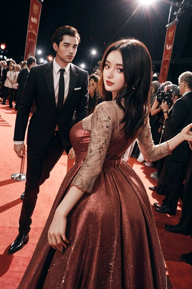 1 woman, 1 man, ideal , dress, Red carpet background, couple, Instagram Filter,