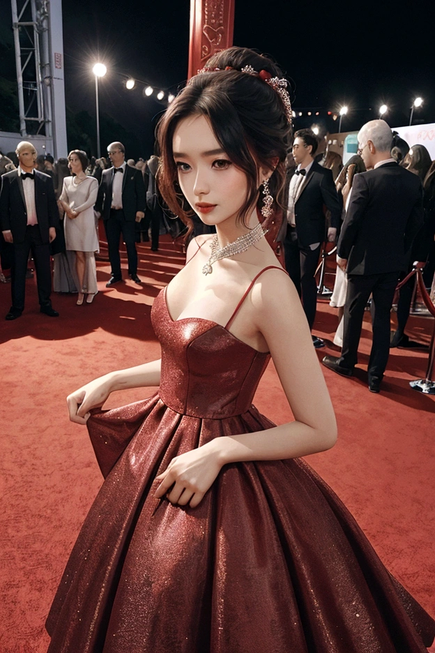 1 woman, 1 man, ideal , dress, Red carpet background, couple, Instagram Filter,