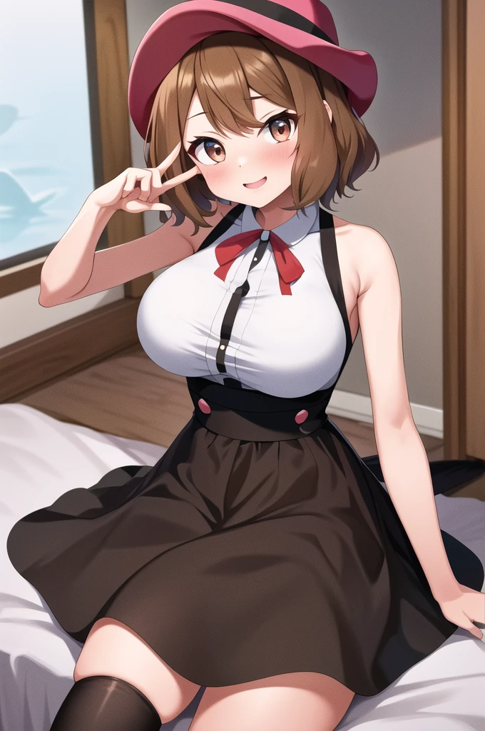 masterpiece, best quality, highres, serena \(pokemon\), short hair, blue eyes, 1girl, solo, blue ribbon, eyelashes, black thighhighs, neck ribbon, sleeveless, bangs, collarbone, bare arms, pink dress, red coat, pink headwear, outdoors, sitting, peace_sign,(masterpiece, highest quality:1.2), alone, One girl, ogawa sumireko, ((Brown eyes,Beautiful eyes)), Put your hair, Thick body,Long sleeve,bedroom,Dimly lit room,(Breasts pressed together:1.1), v Arms,Embarrassing,smile, blush, CSR Style Texture,  (huge breast),full bust,(Narrow waist:1.6),(Thin belly),(slender),((Clothed Big Tits)),((Skinny Body)) roupa de ginástica branca, de baixo, por baixo 