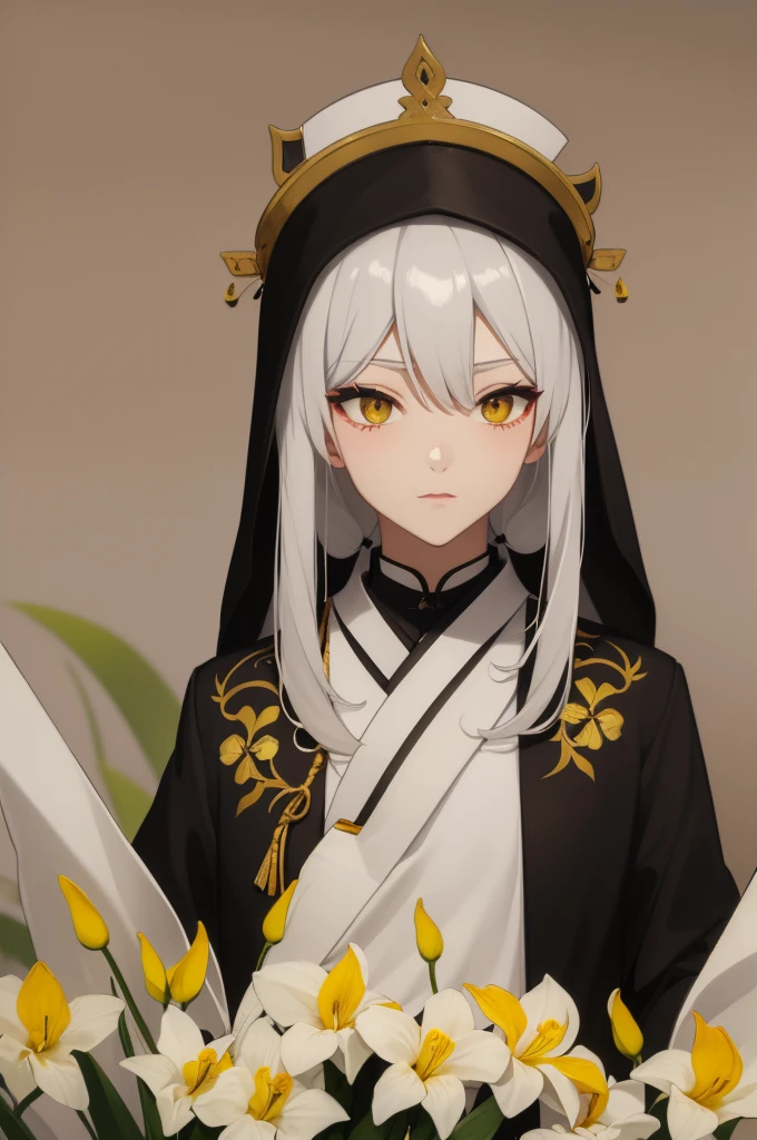 Man, white hair, chinese, peasant robes, one yellow iris, one black iris.