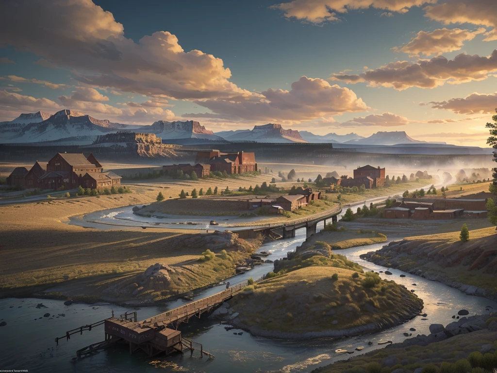 [masterpiece], a beautiful 4k image of a fantasy landscape, inspired by the rugged frontier of wyoming, a bustling town of roughly 100 people including a dozen buildings including an old west style saloon and town hall, train tracks with a steam locomotive run through the outside of town from north to south along a river, in the style of video game concept art, widescreen landscape image, 3840 x 2160 resolution