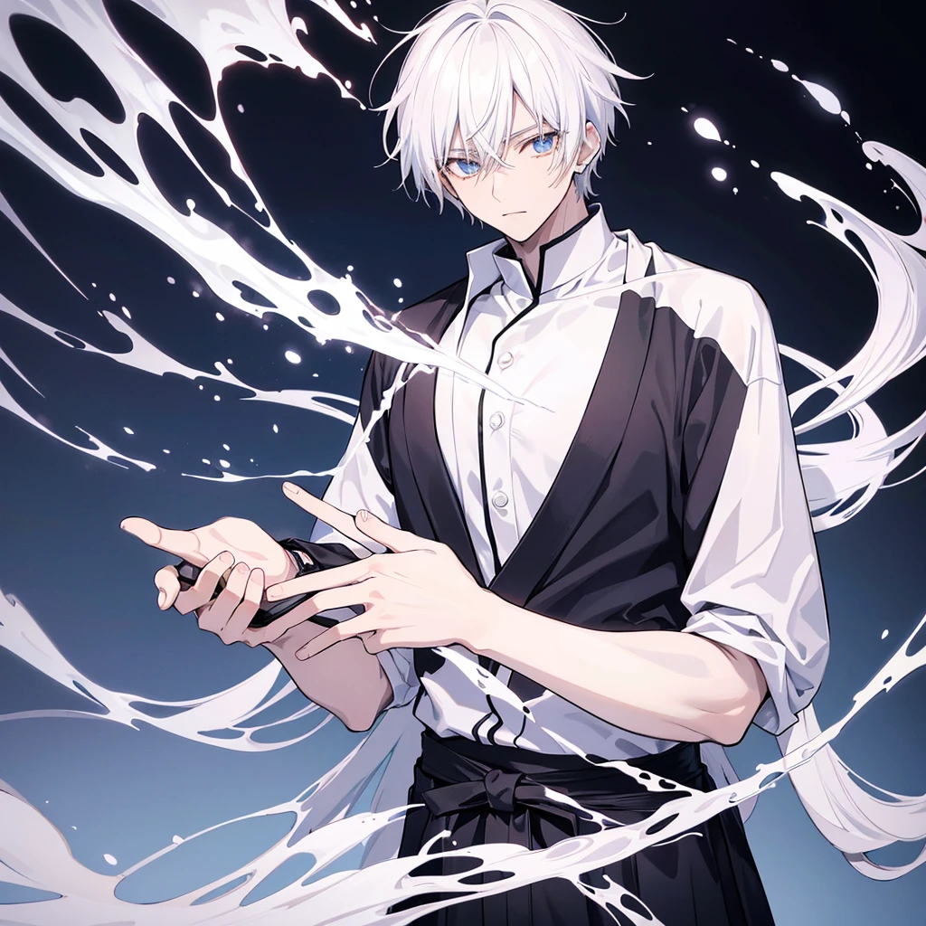 create a black and white Jujutsu no kaisen manga style image with a young male character extremely similar to Gaku from the Sakamoto Days manga, ele tem cabelo curto fe cor ciano claro e um capuz azul escuro quase preto, e olhos pretos, He wears red earrings and he is holding a heavy sword, he is extremely handsome and stylish, a imagem detalha bem ele, he is anime style.
