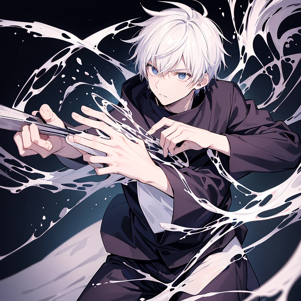 create a black and white Jujutsu no kaisen manga style image with a young male character extremely similar to Gaku from the Sakamoto Days manga, ele tem cabelo curto fe cor ciano claro e um capuz azul escuro quase preto, e olhos pretos, He wears red earrings and he is holding a heavy sword, he is extremely handsome and stylish, a imagem detalha bem ele, he is anime style.