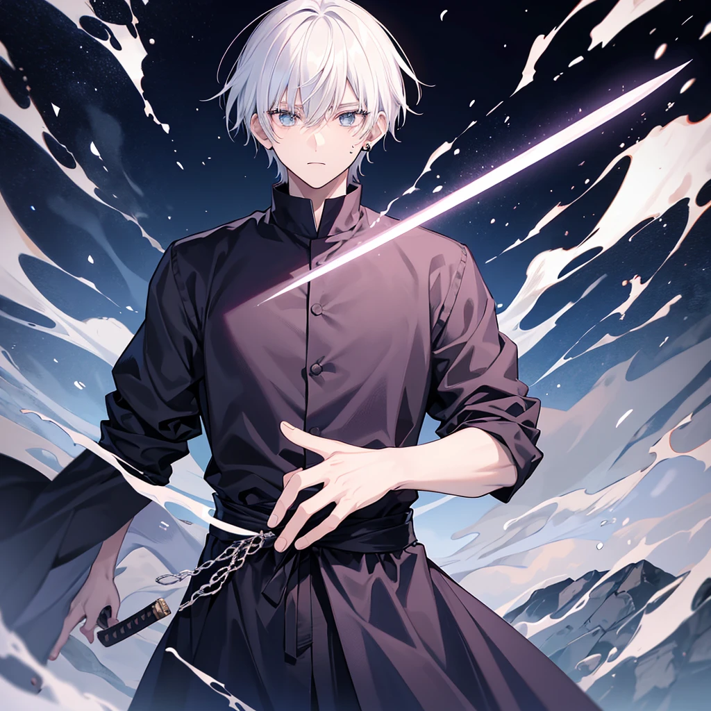 create a black and white Jujutsu no kaisen manga style image with a young male character extremely similar to Gaku from the Sakamoto Days manga, ele tem cabelo curto fe cor ciano claro e um capuz azul escuro quase preto, e olhos pretos, He wears red earrings and he is holding a heavy sword, he is extremely handsome and stylish, a imagem detalha bem ele, he is anime style.