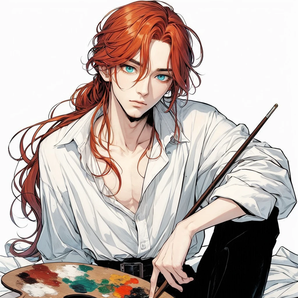 I want a manhwa style full body image of a 19th century painter man, he must have long red hair and aqua green eyes. your style is sensual and beautiful with the white shirt slightly open. quero uma imagem full body