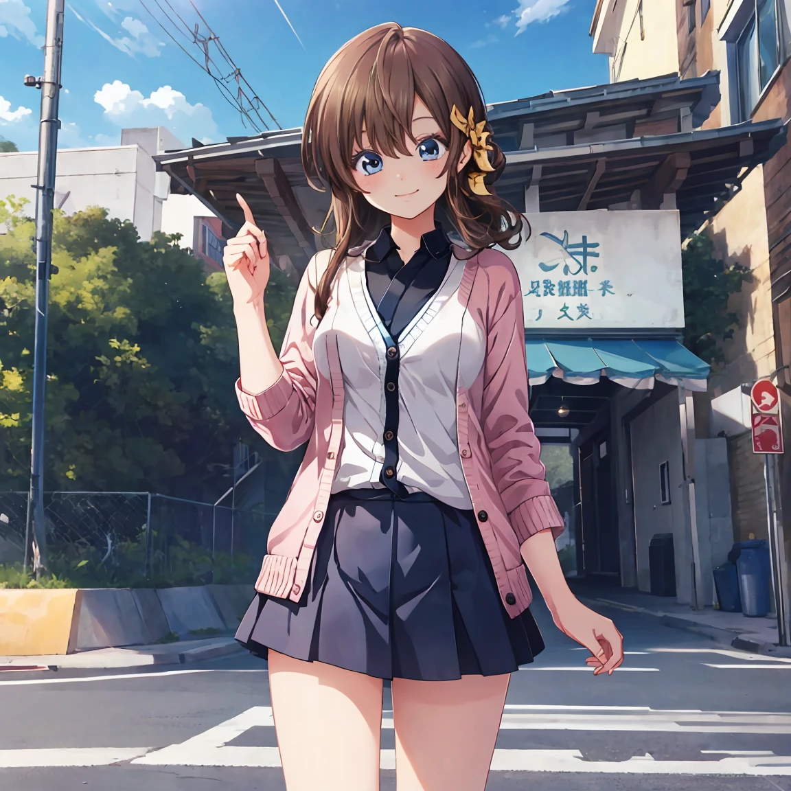 Smile,best Smile,double Peace,cardigan,miniskirt,masterpiece,best quality,ultra detailed,high resolution,extremely detailed CG, (perfect hand),