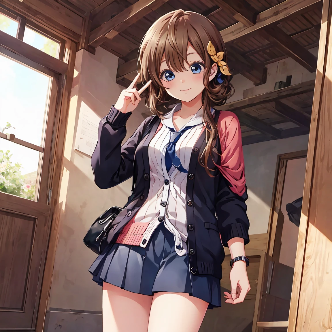 Smile,best Smile,double Peace,cardigan,miniskirt,masterpiece,best quality,ultra detailed,high resolution,extremely detailed CG, (perfect hand),